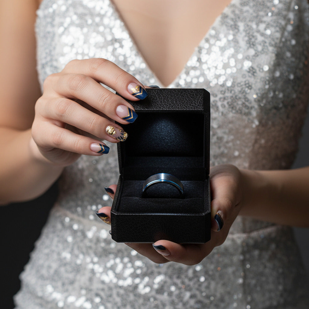 Black Tungsten Men's Wedding Band with Blue Line-Black Diamonds New York