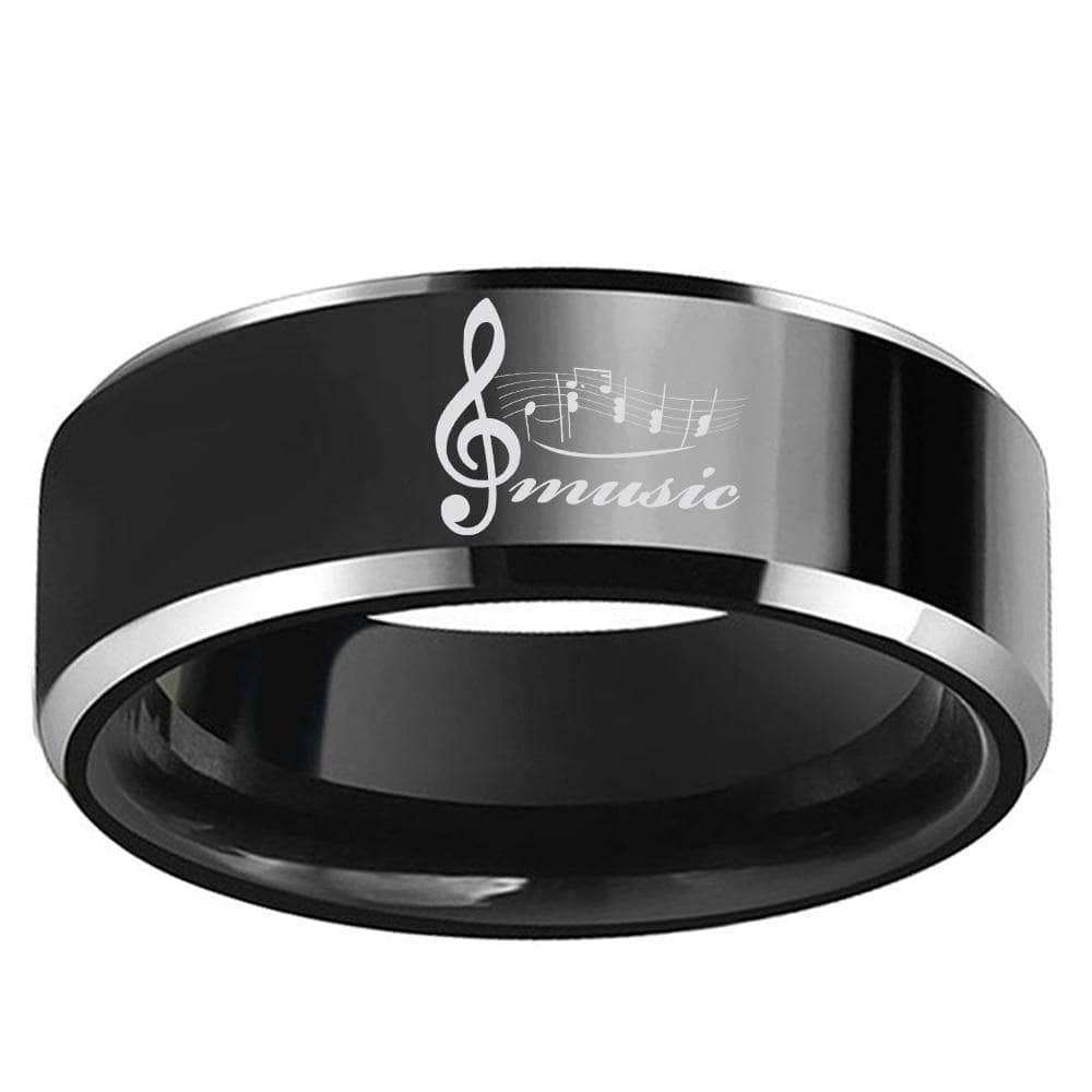 Black Tungsten Wedding Ring with Custom Engraved Musical Note - Black Diamonds New York