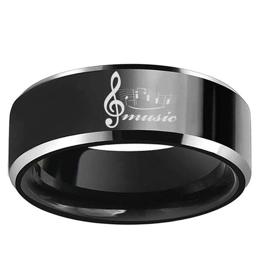 Black Tungsten Wedding Ring with Custom Engraved Musical Note-Black Diamonds New York