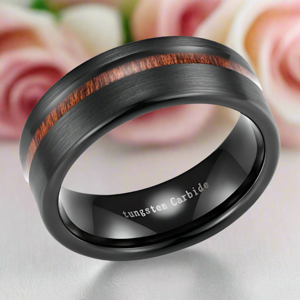 Black with Wood Line Tungsten Carbide Ring-Black Diamonds New York