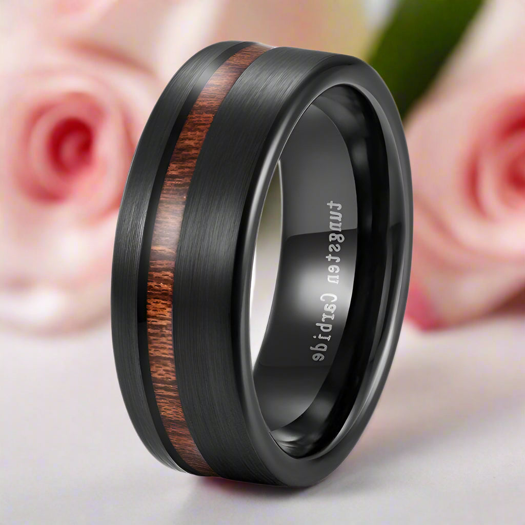 Black with Wood Line Tungsten Carbide Ring-Black Diamonds New York