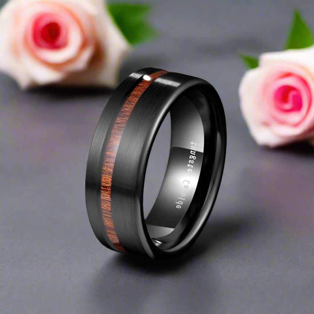 Black with Wood Line Tungsten Carbide Ring-Black Diamonds New York