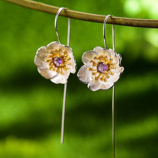 Blooming Anemone Flower Dangle Earrings-Black Diamonds New York