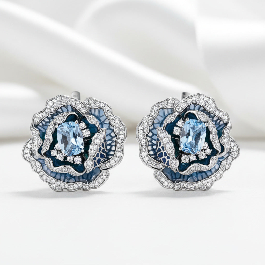 Blooming Blue Enamel Flower Jewelry Set-Black Diamonds New York