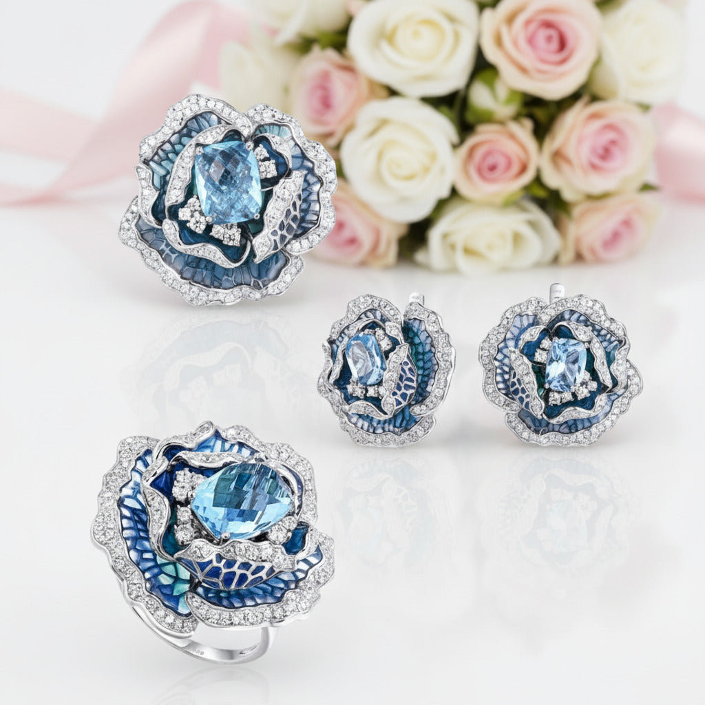 Blooming Blue Enamel Flower Jewelry Set-Black Diamonds New York