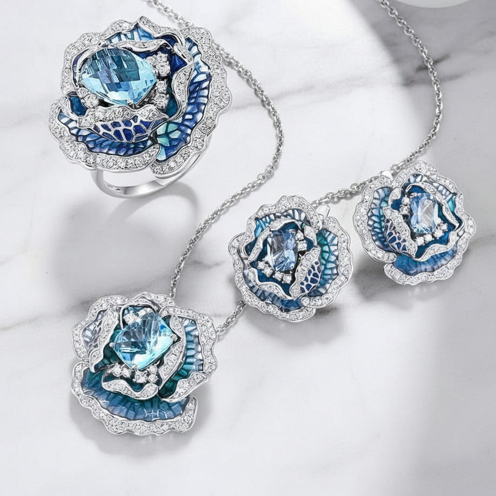 Blooming Blue Enamel Flower Jewelry Set-Black Diamonds New York