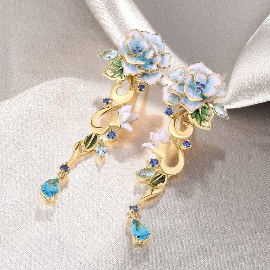 Blooming Enamel Flower Drop Earrings-Black Diamonds New York