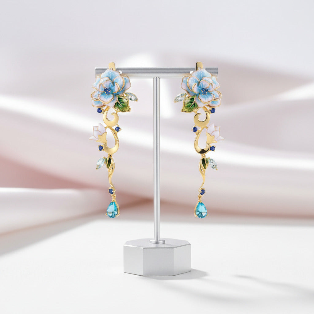 Blooming Enamel Flower Drop Earrings-Black Diamonds New York