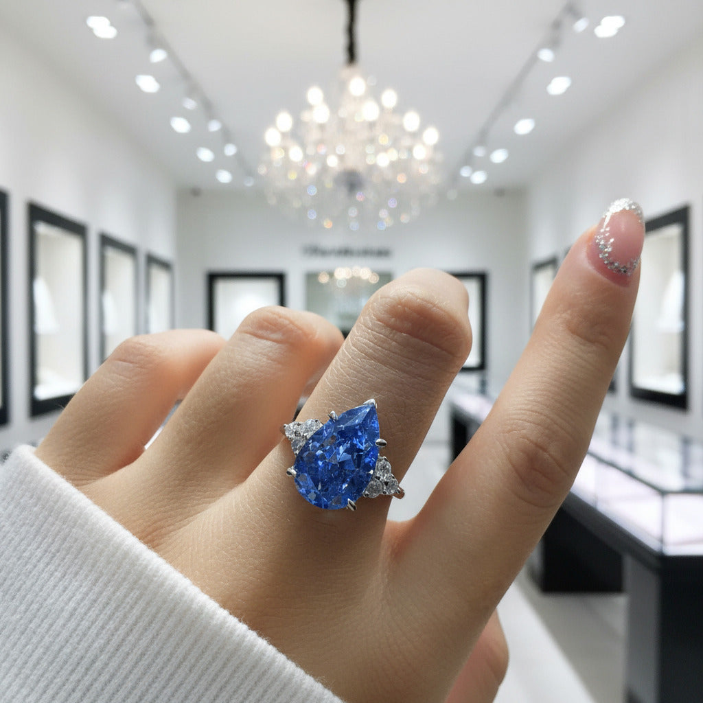 Blue Aquamarine Pear Cut Engagement Ring-Black Diamonds New York