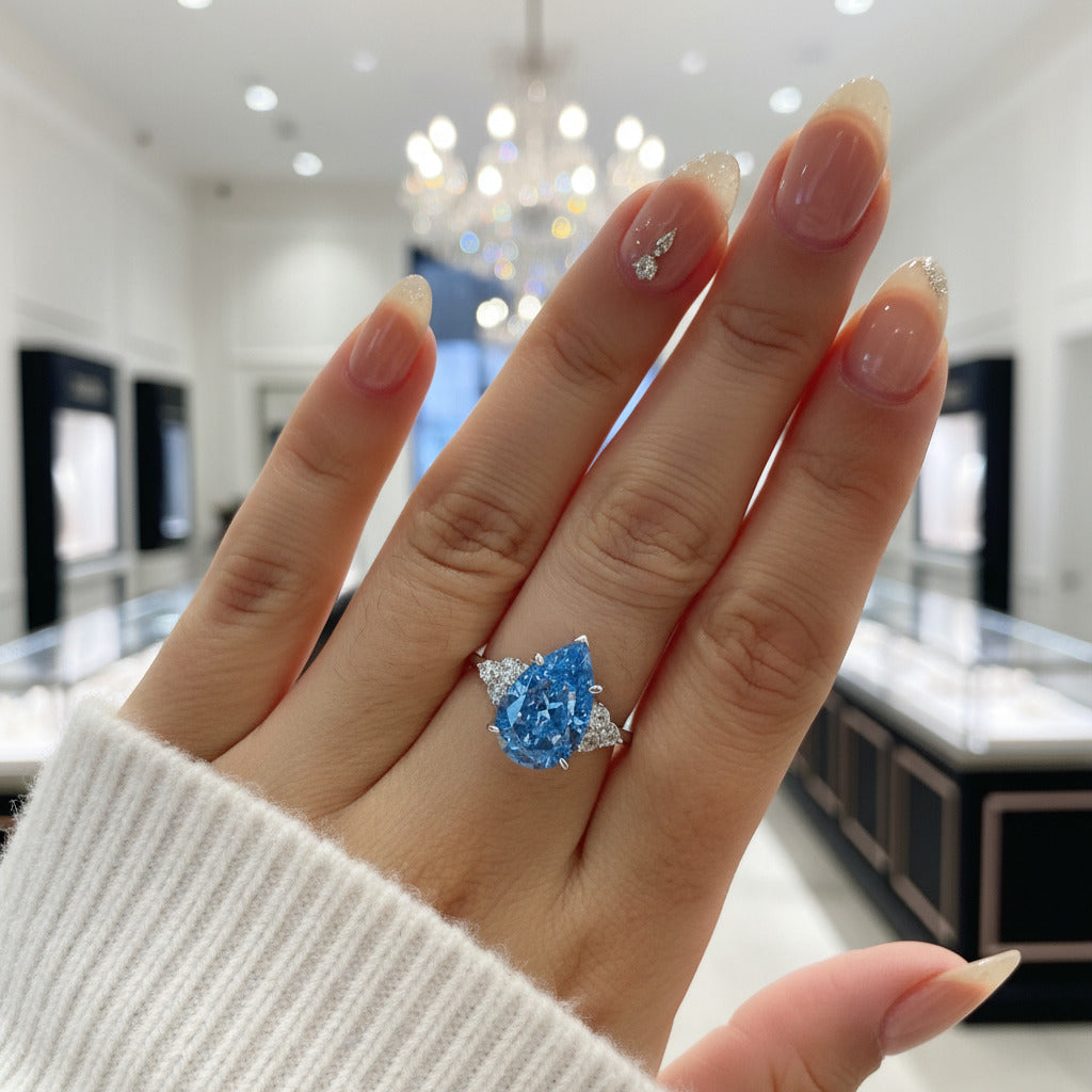 Blue Aquamarine Pear Cut Engagement Ring-Black Diamonds New York