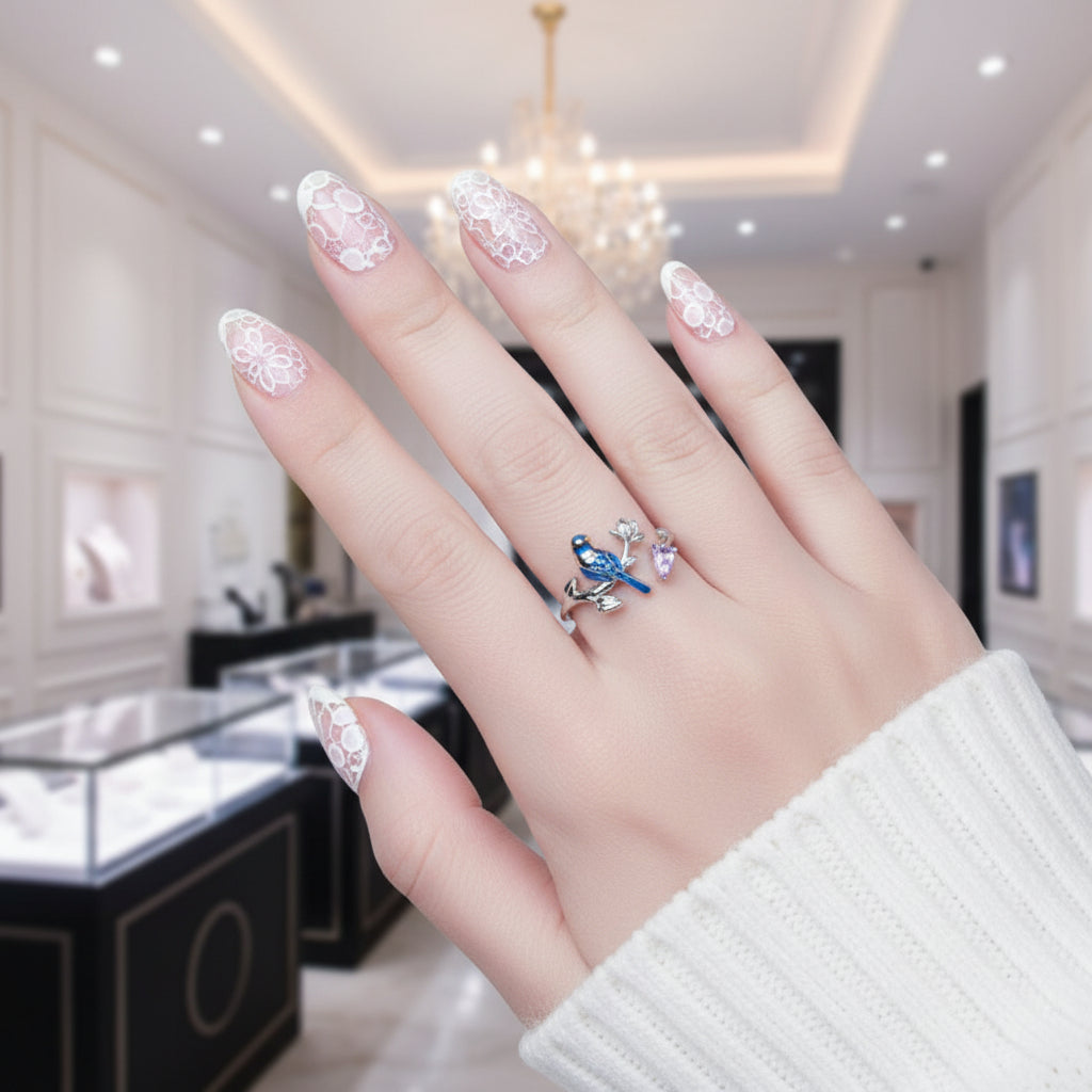 Blue Bird Dainty Leaf Open Ring-Black Diamonds New York
