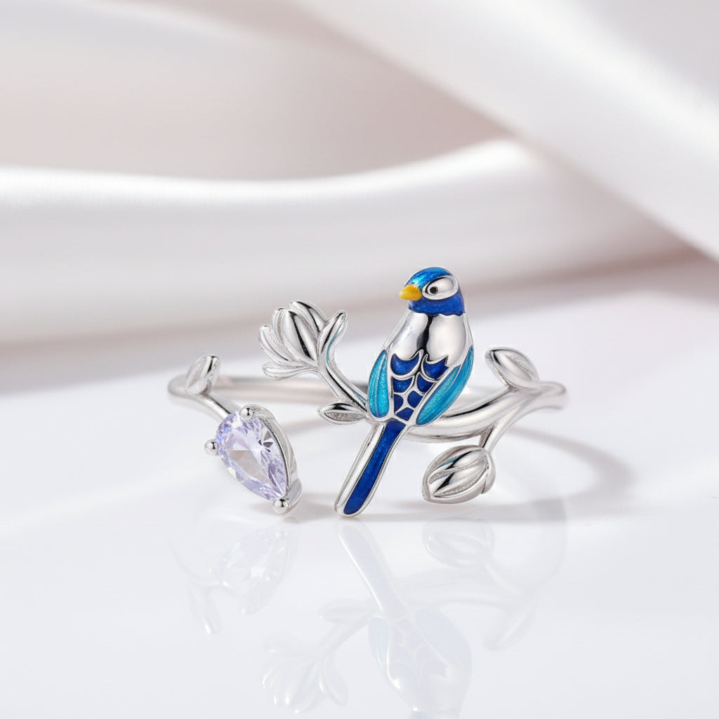 Blue Bird Dainty Leaf Open Ring-Black Diamonds New York