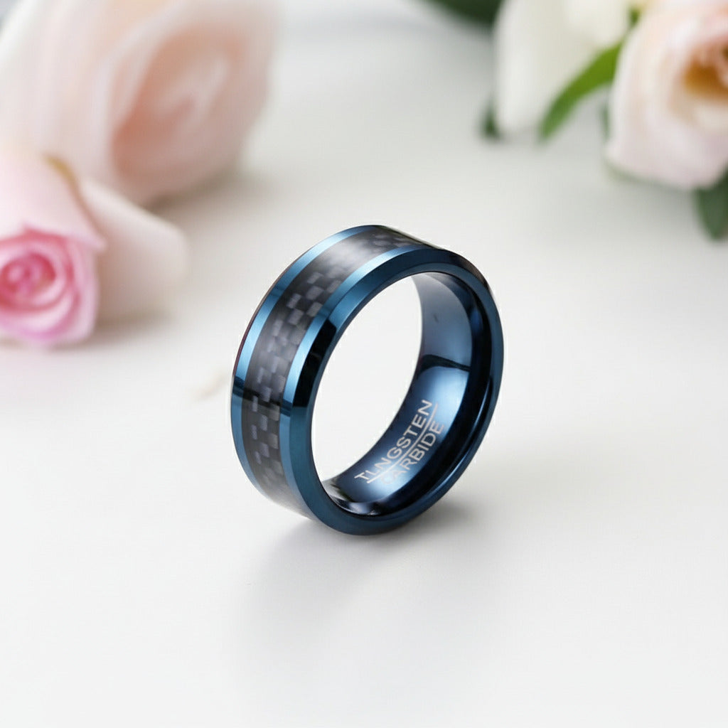 Blue & Black Classical Tungsten Wedding Band-Black Diamonds New York