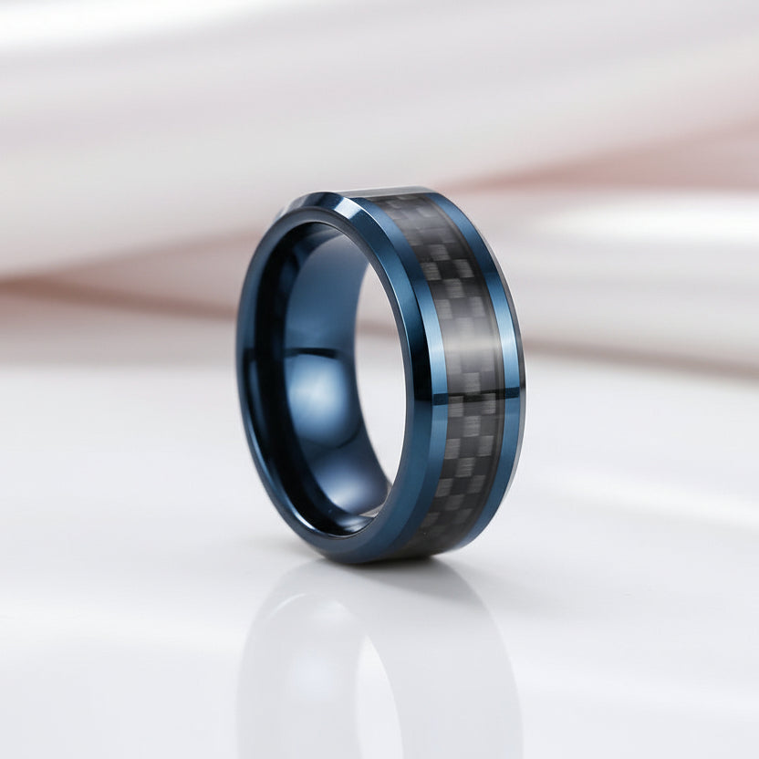 Blue & Black Classical Tungsten Wedding Band-Black Diamonds New York