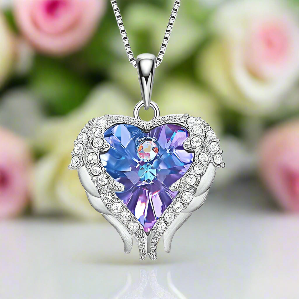 Blue Crystal Angel Wings Heart Shaped Women's Necklace-Black Diamonds New York