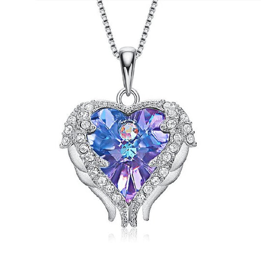 Blue Crystal Angel Wings Heart Shaped Women's Necklace - Black Diamonds New York