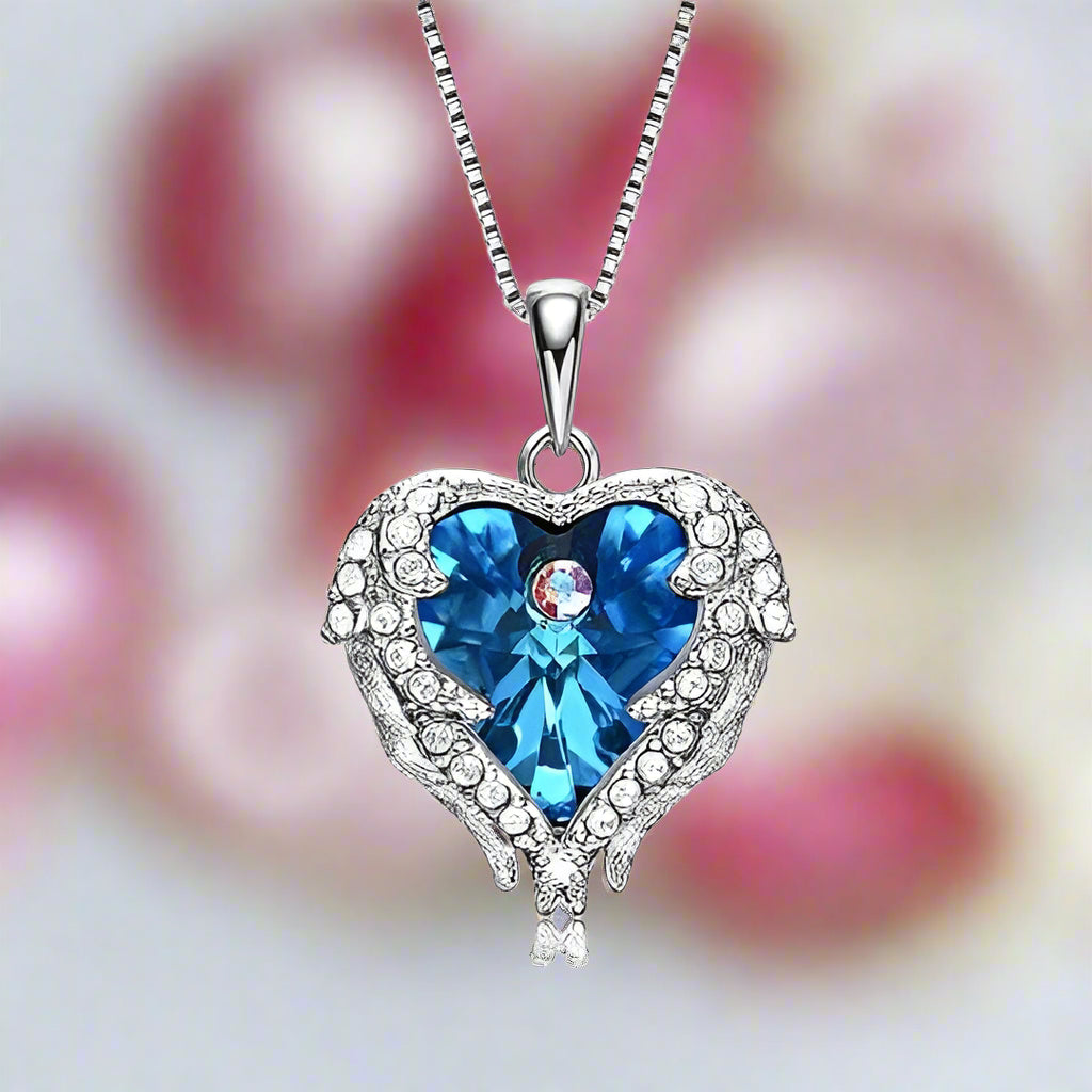 Blue Crystal Angel Wings Heart Shaped Women's Necklace-Black Diamonds New York