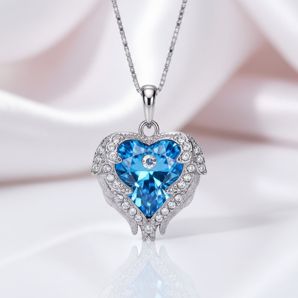 Blue Crystal Angel Wings Heart Shaped Women's Necklace-Black Diamonds New York