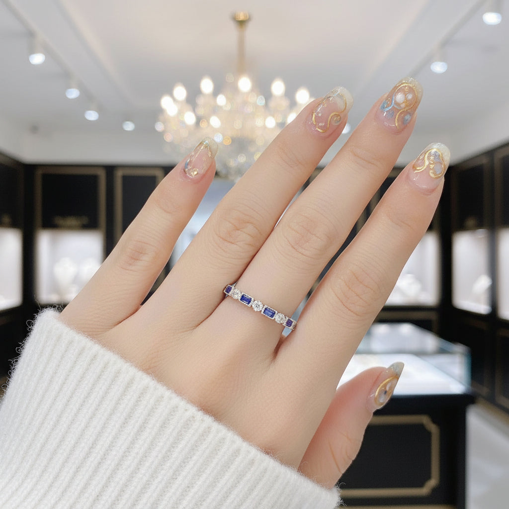 Blue Emerald Eternity Ring Band-Black Diamonds New York