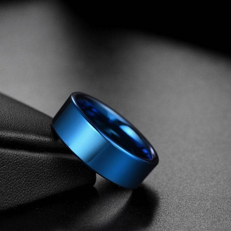 Blue Flat Men's 8mm Tungsten Carbide Wedding Band-Black Diamonds New York