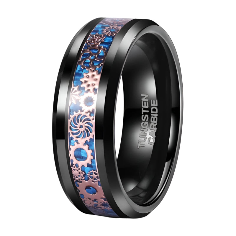 Blue & Gears Inlay Men's Tungsten Wedding Band from Black Diamonds New York