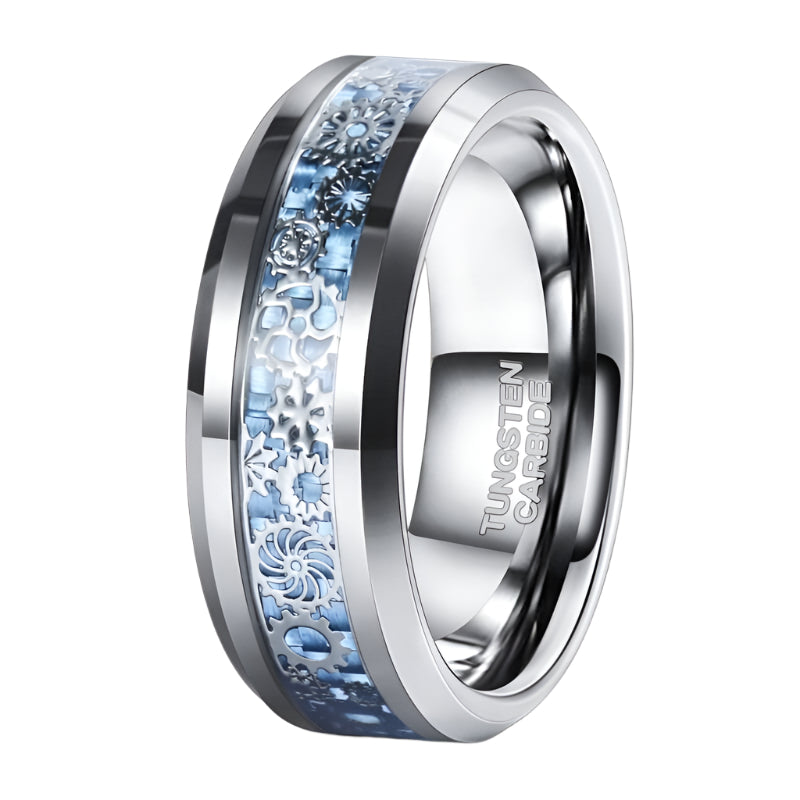 Blue & Gears Inlay Men's Tungsten Wedding Band from Black Diamonds New York