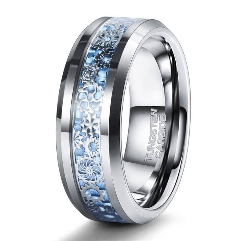 Blue & Gears Inlay Men's Tungsten Wedding Band-Black Diamonds New York