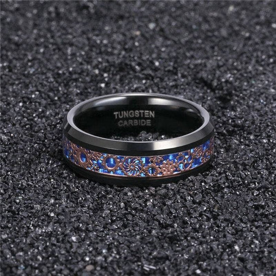 Blue & Gears Inlay Men's Tungsten Wedding Band from Black Diamonds New York