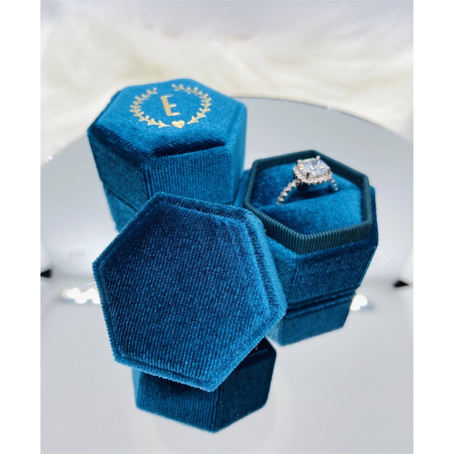 Blue Green Single Slot Hexagon Velvet Ring Box-Black Diamonds New York