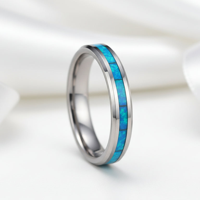 Blue Opal Men's Tungsten Wedding Band-Black Diamonds New York