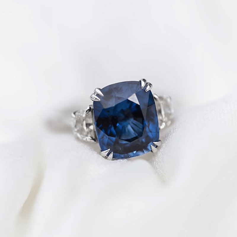 Blue Sapphire Cushion Cut Three Stone Engagement Ring - Black Diamonds New York