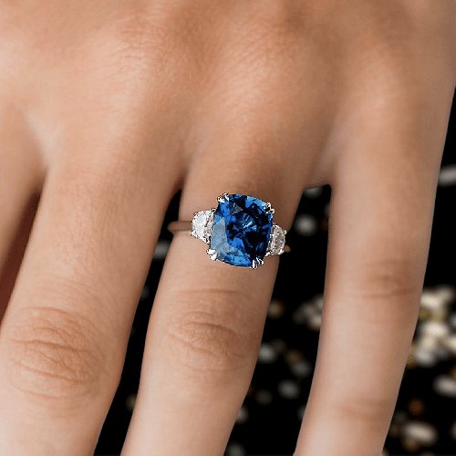 Blue Sapphire Cushion Cut Three Stone Engagement Ring - Black Diamonds New York