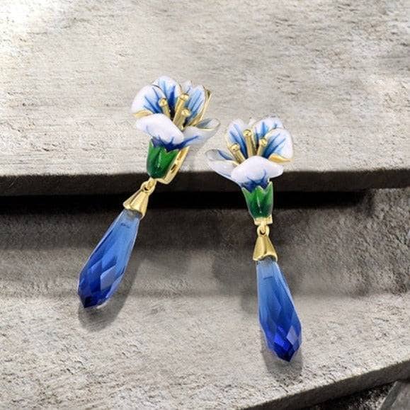 Blue Stones Enamel Flower Drop Earrings-Black Diamonds New York