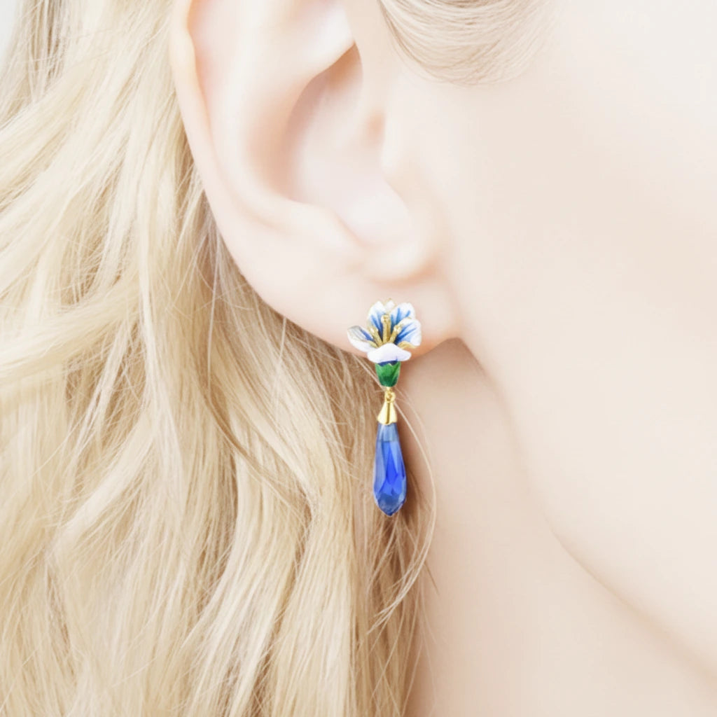 Blue Stones Enamel Flower Drop Earrings-Black Diamonds New York