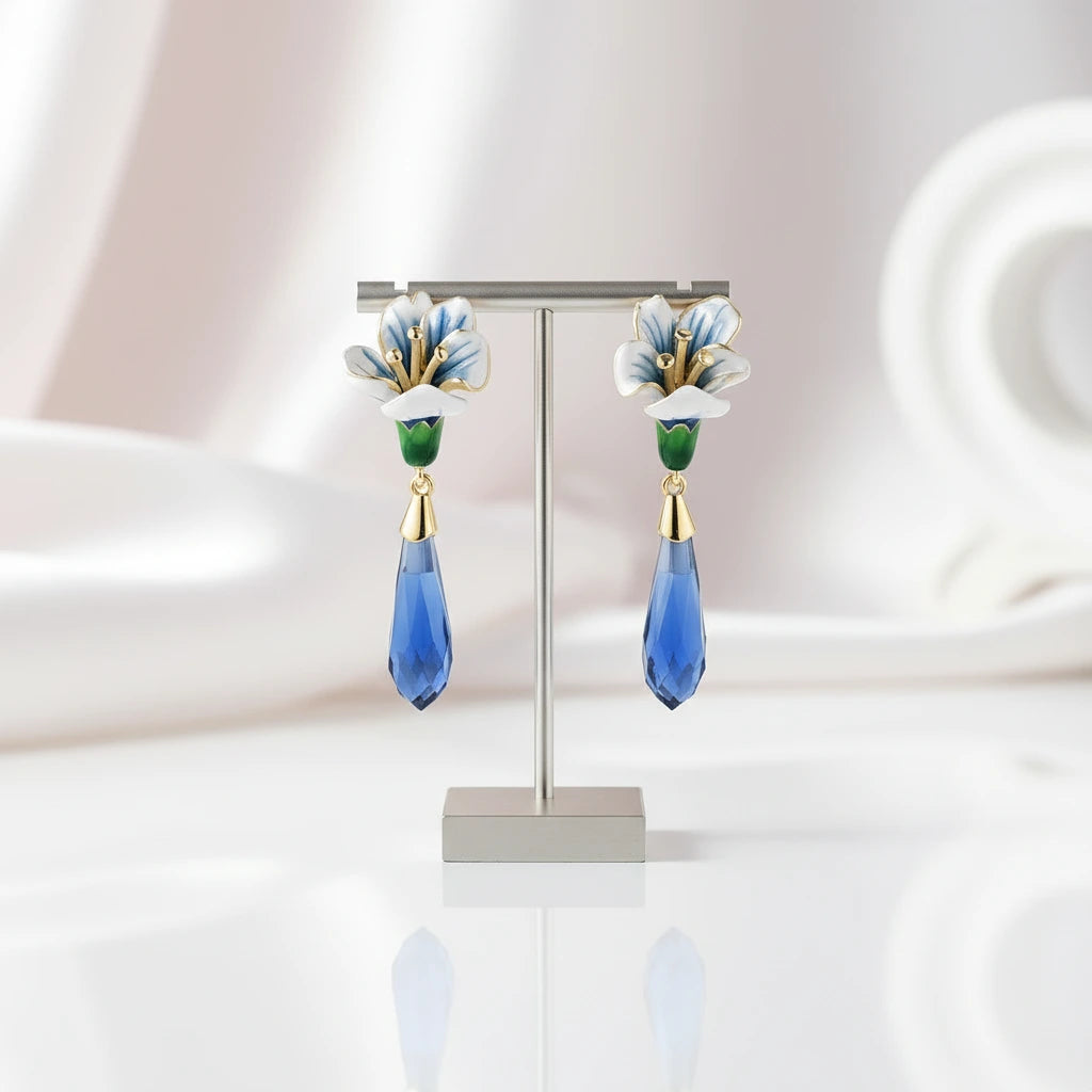 Blue Stones Enamel Flower Drop Earrings-Black Diamonds New York