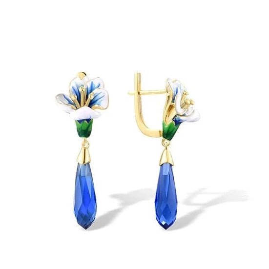 Blue Stones Enamel Flower Drop Earrings-Black Diamonds New York