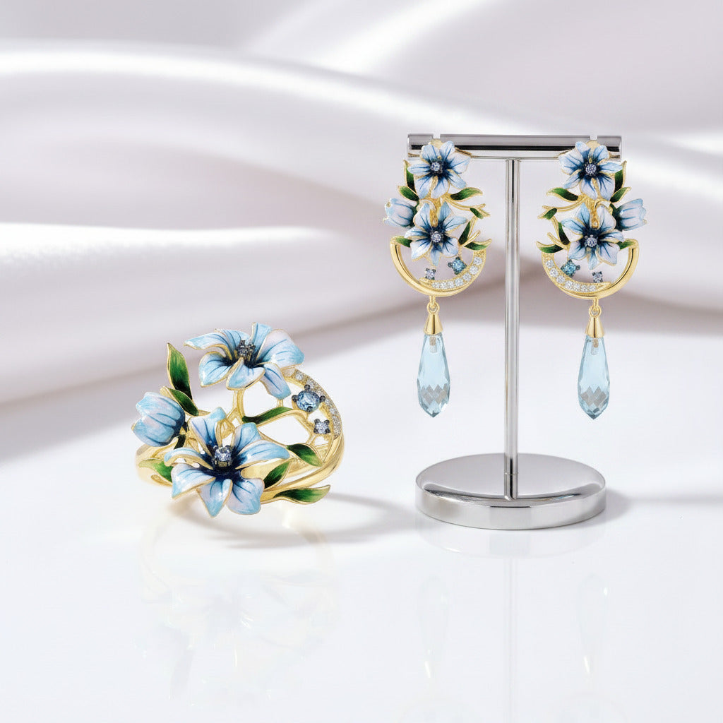 Blue Stones Enamel Flower with Diamond Option Jewelry Set-Black Diamonds New York