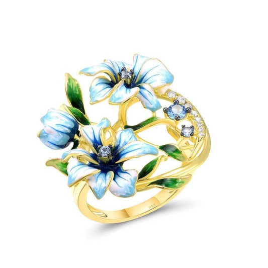 Blue Stones Enamel Flower with Created Diamond Jewelry Set-Black Diamonds New York