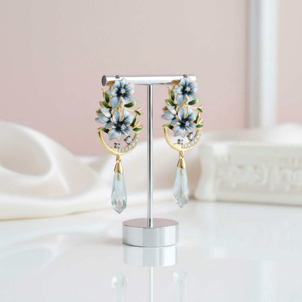Blue Stones Enamel Flower with Diamond Option Jewelry Set-Black Diamonds New York