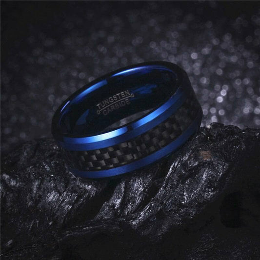 Blue With Black Carbon Fiber Tungsten Unisex Couple Wedding Bands-Black Diamonds New York