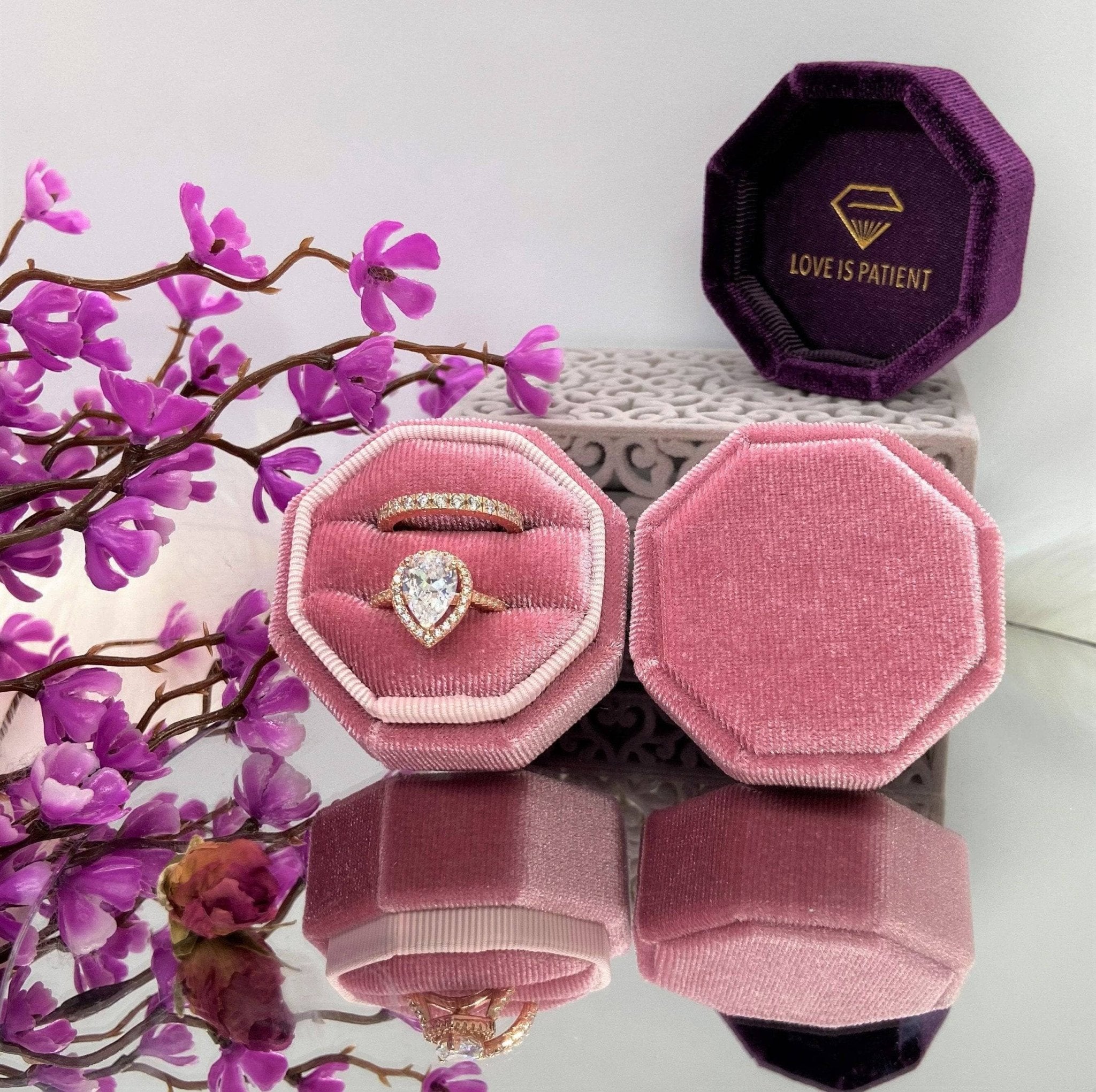 Blush Love Is Patient Double Ring Slots Octagon Velvet Ring Box-Black Diamonds New York