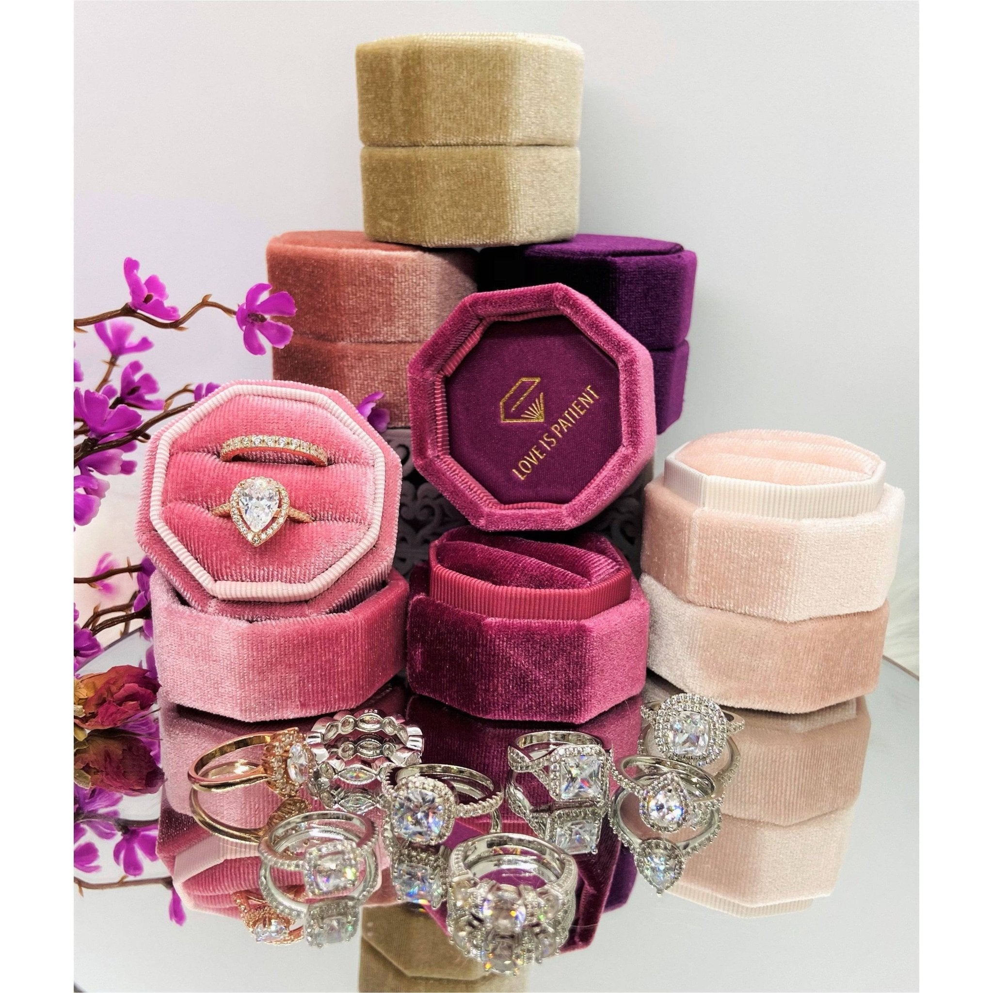 Blush Love Is Patient Double Ring Slots Octagon Velvet Ring Box-Black Diamonds New York