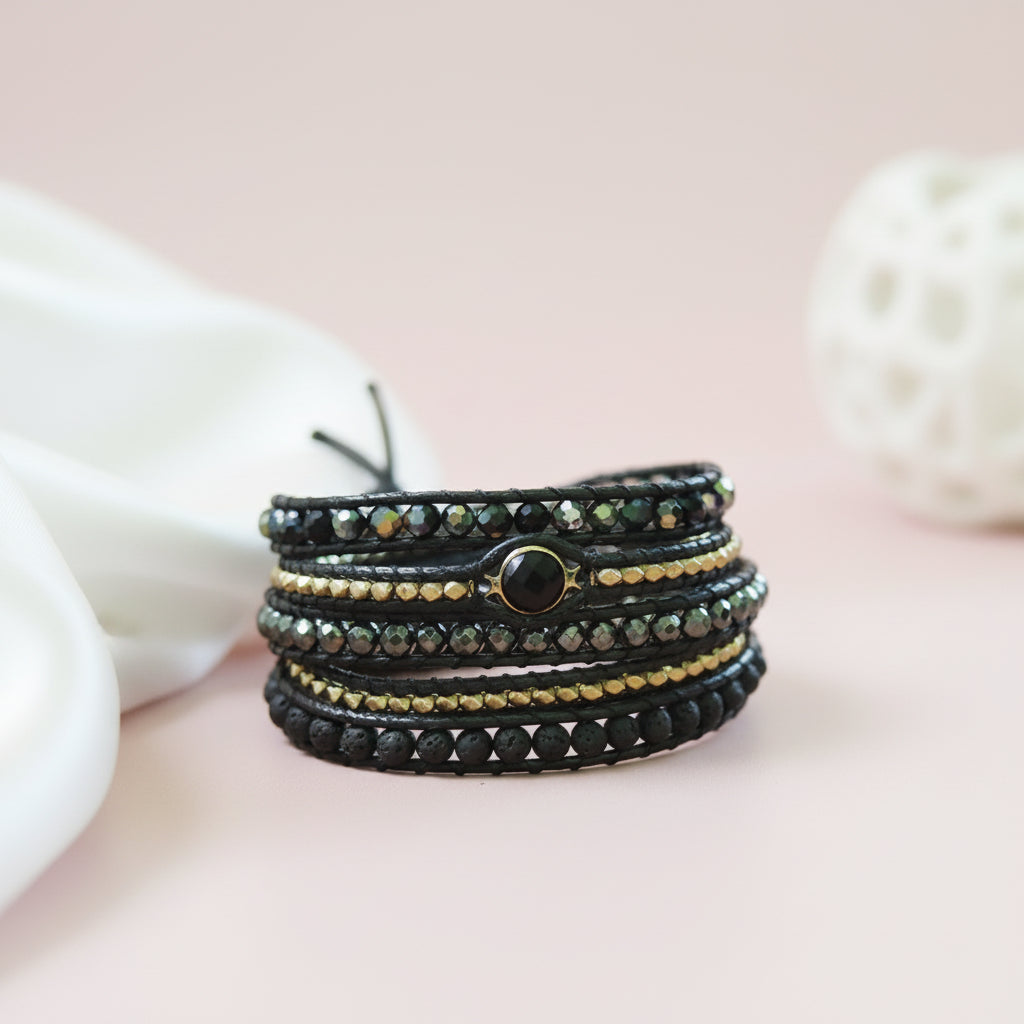 Bohemian Black Mix Natural Stone Beadwork 5 Wraps Bracelet-Black Diamonds New York