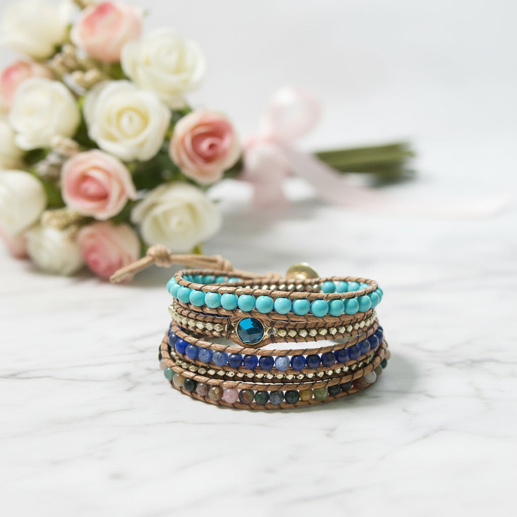 Bohemian Black Mix Natural Stone Beadwork 5 Wraps Bracelet-Black Diamonds New York