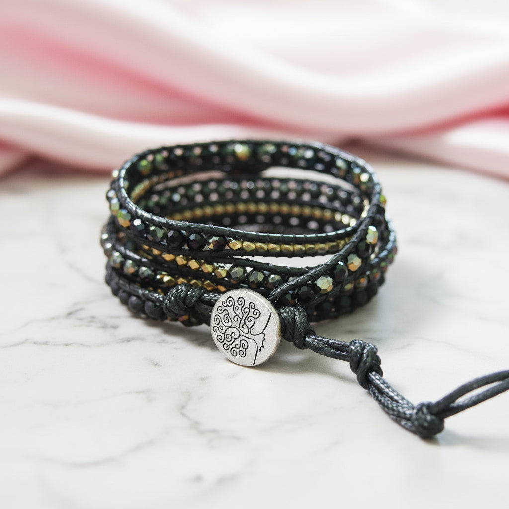 Bohemian Black Mix Natural Stone Beadwork 5 Wraps Bracelet-Black Diamonds New York