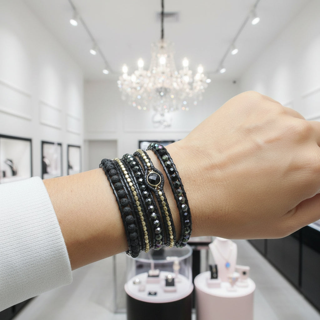 Bohemian Black Mix Natural Stone Beadwork 5 Wraps Bracelet-Black Diamonds New York