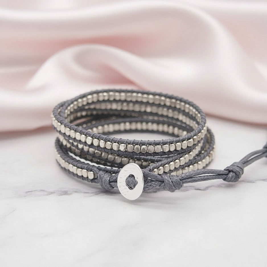 Bohemian Brass Bead 5 Wraps Statement Bracelet-Black Diamonds New York