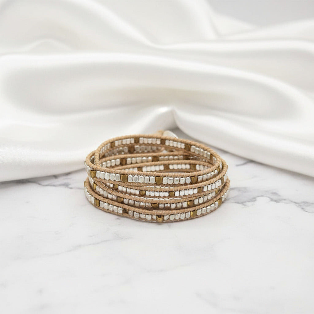 Bohemian Brass Bead 5 Wraps Statement Bracelet-Black Diamonds New York