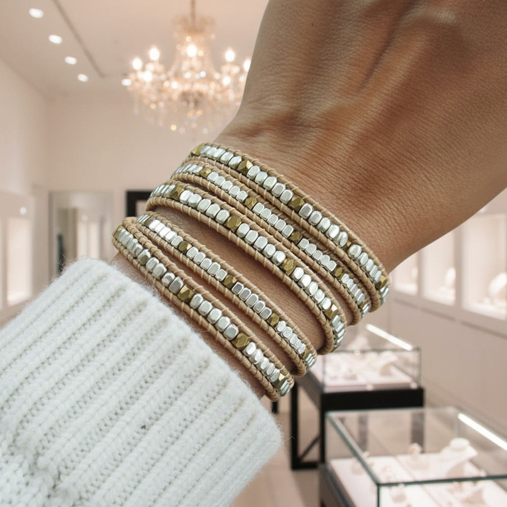 Bohemian Brass Bead 5 Wraps Statement Bracelet-Black Diamonds New York