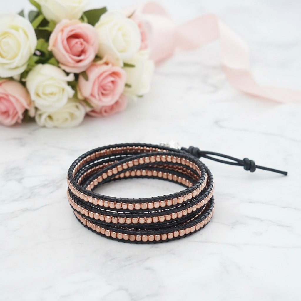 Bohemian Brass Bead 5 Wraps Statement Bracelet-Black Diamonds New York